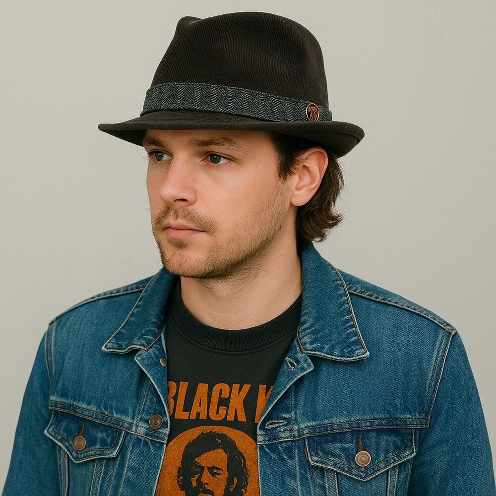 Paul Frank Brown Corduroy Fedora Hat Julius Monkey Herringbone Band Retro